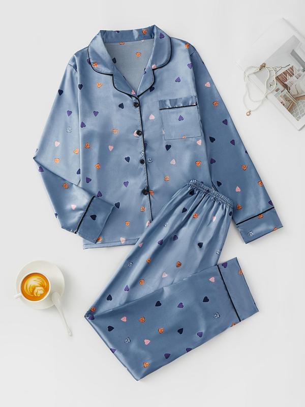 Women's Satin Button Front Heart Print Pyjama Set, Casual Elegant Comfortable Pocket Lapel Shirt & Pants Set for Women, Sleepwear for Spring & Fall, Sleepwear for Women