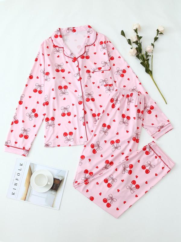 Two-Piece Set Women's Cherry & Heart Print Pocket Lapel Shirt & Elastic Waist Pants Pyjama, Casual Comfy Long Sleeve Button Up Top & Trousers PJ Set, Women's Sleepwear for Spring & Fall