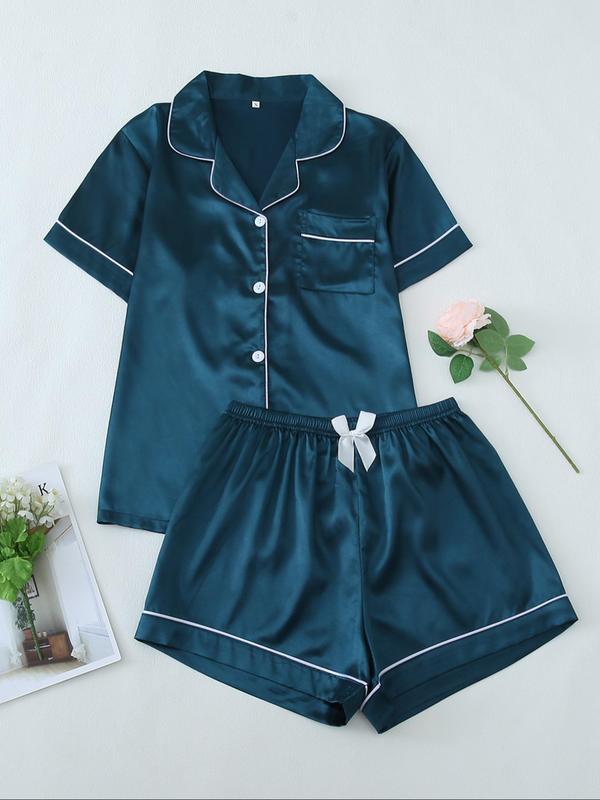 Women's Solid Satin Pyjama Set, Short Sleeve Lapel Neck Button Up Top & Elastic Waist Shorts PJ Set, Casual Comfy Loungewear Set for Women