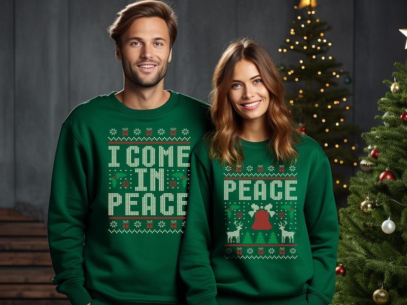 Ugly Christmas Matching Couples Sweatshirt, Funny Couples Christmas Sweater, I Come In Peace Shirt Adult Humor Xmas Sweater, Couples Pajamas