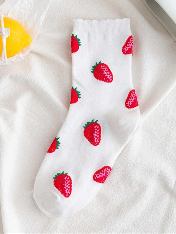 Women's 2 Pairs Strawberry Print Jacquard Crew Socks, Fall Wear, Fallfreshness Casual Moisture Wicking Socks, Soft Comfy Breathable Socks For All Seasons Daily Wear