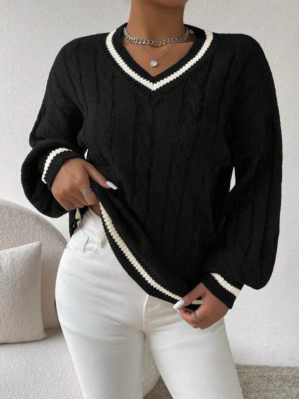 Women's Contrast Binding Drop Shoulder Sweater, Casual V Neck Cable Knit Jumper for Fall & Winter, Sweaters for Women, Fashion Women's Knitwear for Daily Wear, Fall Outfits, Preppy 80s Clothes