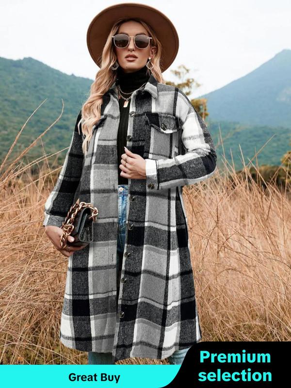 Womenswear Plaid Print Button Front Drop Shoulder Overcoat jacket, Casual Long Sleeve Flap Lady Pocket Outerwear for Fall & Winter,  Winter Clothes Women, Women's Clothing for Daily Wear