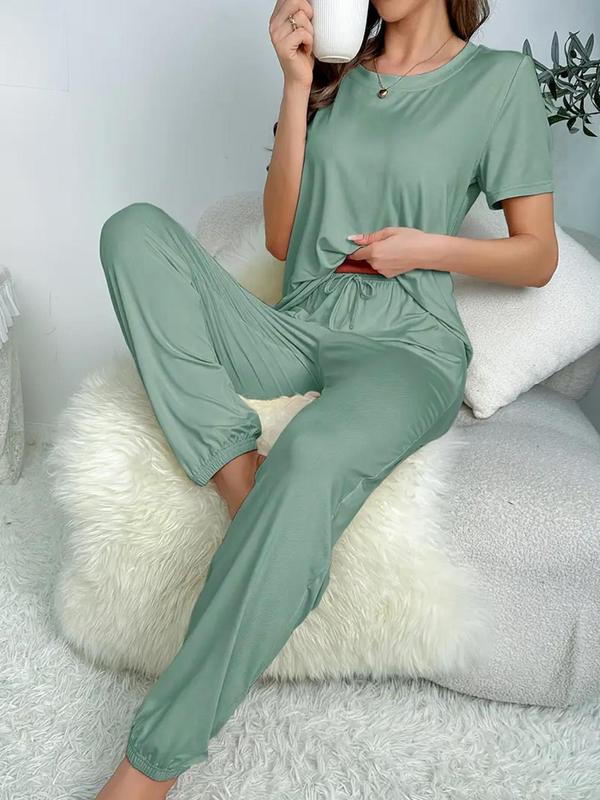 Women's Solid Tie Front Two-Piece Pyjama Set, Casual Round Neck Short Sleeve Tee & Elastic Waist Pants PJ Set, Ladies Summer Sleepwear for Daily Wear