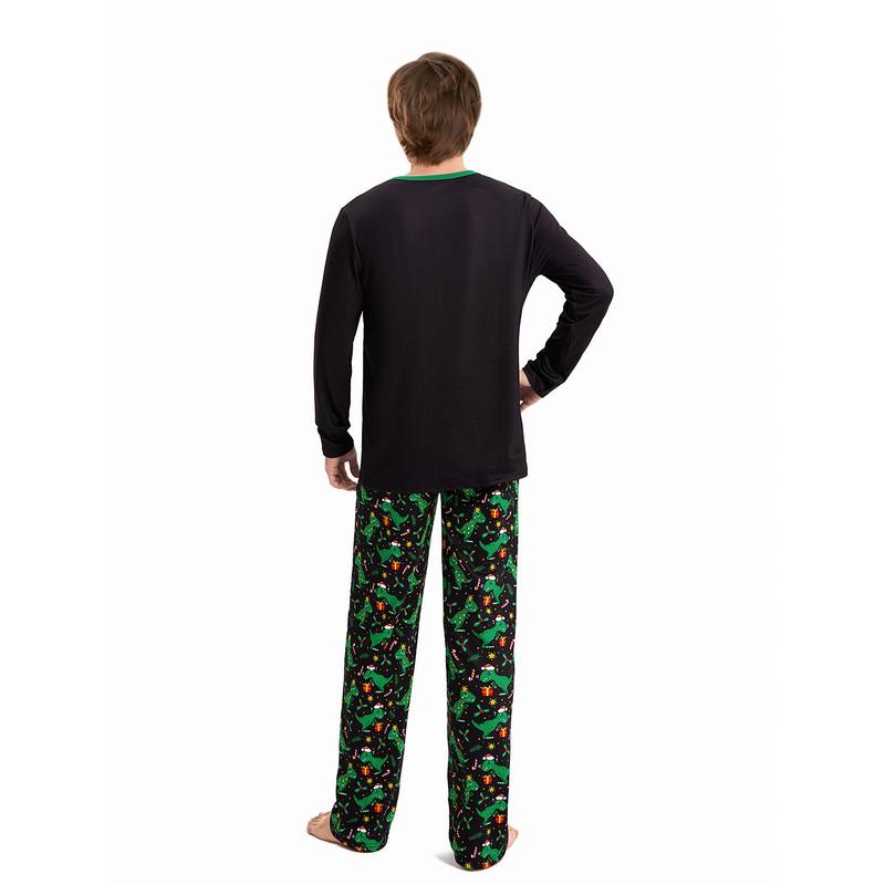 Black Green Matching Christmas Pajamas For Family Black Long Sleeve Letter Print Tops and Dinosaur Print Pants Sleepwear