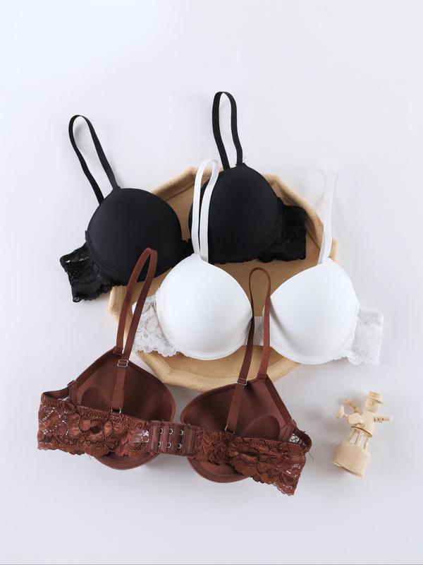 Women's 3pcs Contrast Lace Adjustable Strap Bra, Solid Color Push Up Bra, Comfortable Breathable Lingerie for Daily Wear