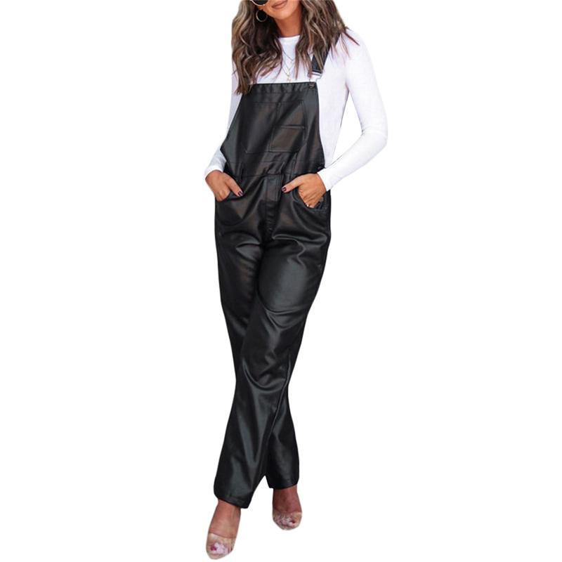 Women Leather Bib Overalls Solid Color Loose Casual Sleeveless Cargo Straight Leg Jumpsuit Romper with Pockets