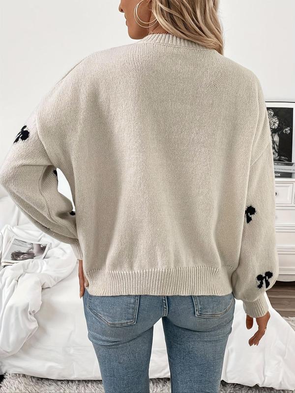 Women's Bow Print Drop Shoulder Sweater, Casual Long Sleeve Round Neck Jumper for Fall & Winter, Fashion Ladies' Knitwear for Daily Wear