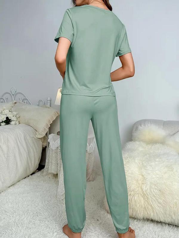 Women's Solid Tie Front Two-Piece Pyjama Set, Casual Round Neck Short Sleeve Tee & Elastic Waist Pants PJ Set, Ladies Summer Sleepwear for Daily Wear