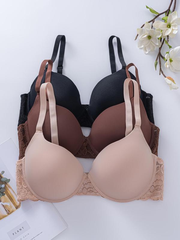  Solid Color Contrast Lace Push Up Bra, Soft Comfortable Breathable Buckle Back Lingerie Top for Daily Wear, Women's Lingerie for All Seasons