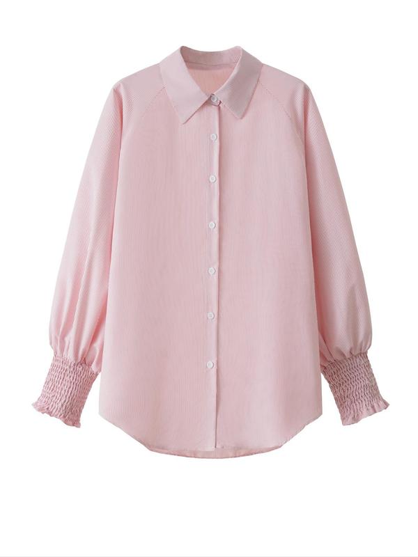 Women's Striped Print Button Front Pocket Shirred Ruffle  Shirt,  Casual Drop Shoulder Long Sleeve Top for Spring & Fall, Women's Clothes for Daily Wear