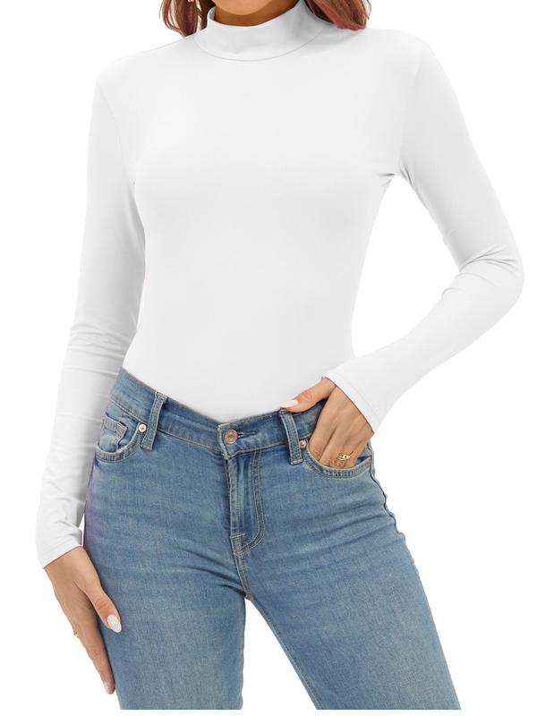 Women's Solid Color Mock Neck Long Sleeve Bodysuit, Basic Casual Comfy Bodysuit for Daily Wear, Ladies Clothes for All Seasons