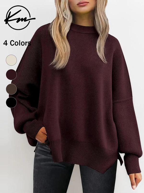 Women's Plain Split Hem Drop Shoulder Sweater, Casual Long Sleeve Round Neck Jumper for Fall & Winter, Fashion Ladies' Knitwear for Daily Wear