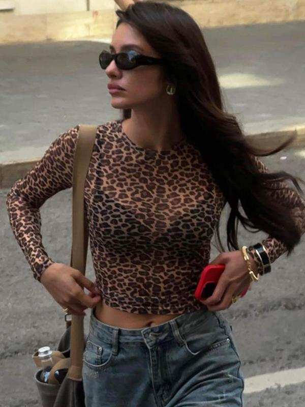 Women's Leopard Print Sheer Crop Tee, Fashion Casual Crew Neck Long Sleeve T-shirt for Daily Outdoor Wear, Women Tops, Vintage Graphic Tees, Fall Outfits, Fallfreshness, Downtown Girl Clothes Longsleeves