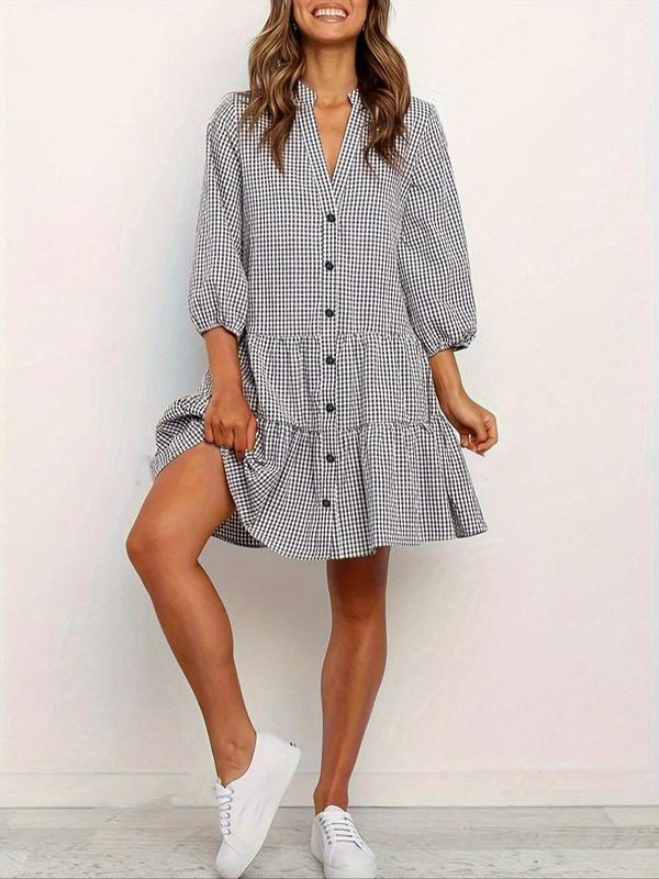 Women's Gingham Print Button Front Ruffle Hem Shirt Dress, Casual Bishop Sleeve Notched Neck Short Dress for Spring & Fall, Women's Clothes for Daily Wear