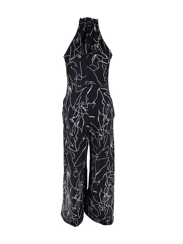 Women's All Over Print Pocket Tie Back Halter Jumpsuit, Jumpsuit for Women, Overalls for Women, Casual Sleeveless Wide Leg Jumpsuit for Summer, Fashion Ladies Clothes for Beach Holiday Vacation