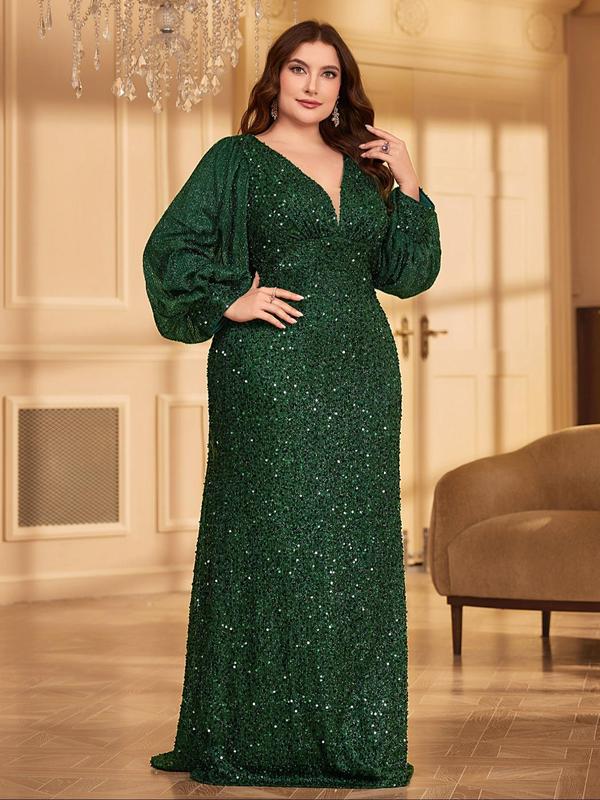 Plus Size Lantern Sleeve Glitter Sequin Evening Dress, Elegant Deep V Neck Zipper Back Long Sleeve Maxi Dress for Party & Banquet, Dresses for Women, Women's Plus Size Clothing