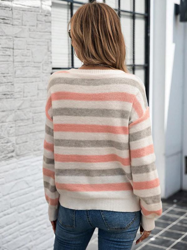 Women's Striped Print Drop Shoulder Sweater, Casual Long Sleeve Round Neck Jumper for Fall & Winter, Fashion Ladies' Knitwear for Daily Wear