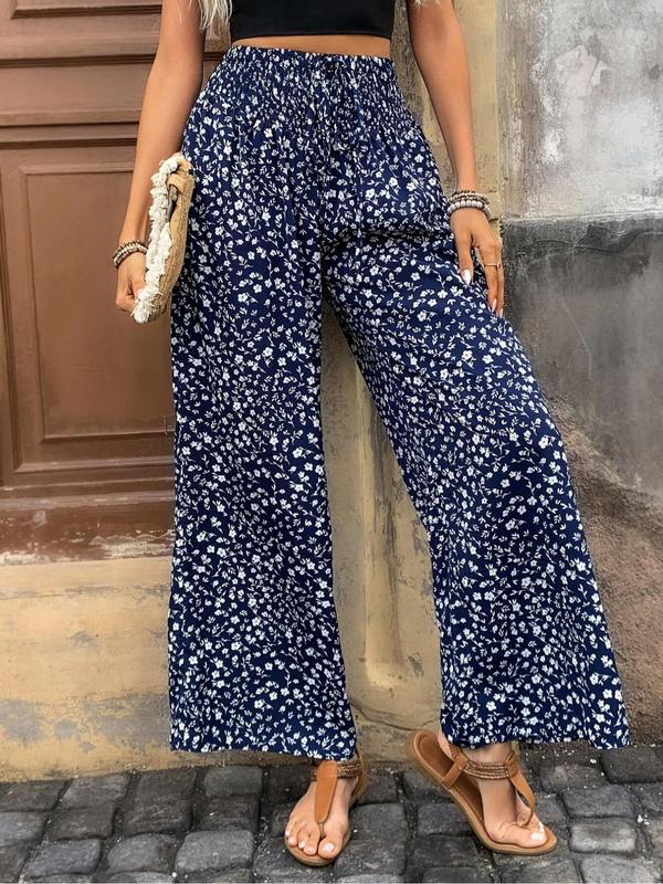  Ditsy Floral Print Tie Front Wide Leg Pants, Boho Shirred High Waist Trousers for Beach Vacation Holiday, Pants for Women, Summer Pants, Women's Bottoms Black Girl Outfits