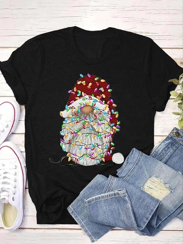  Christmas Print Round Neck Tee, Casual Short Sleeve Crew Neck T-Shirt for All Seasons, Women's Clothing for Daily Wear