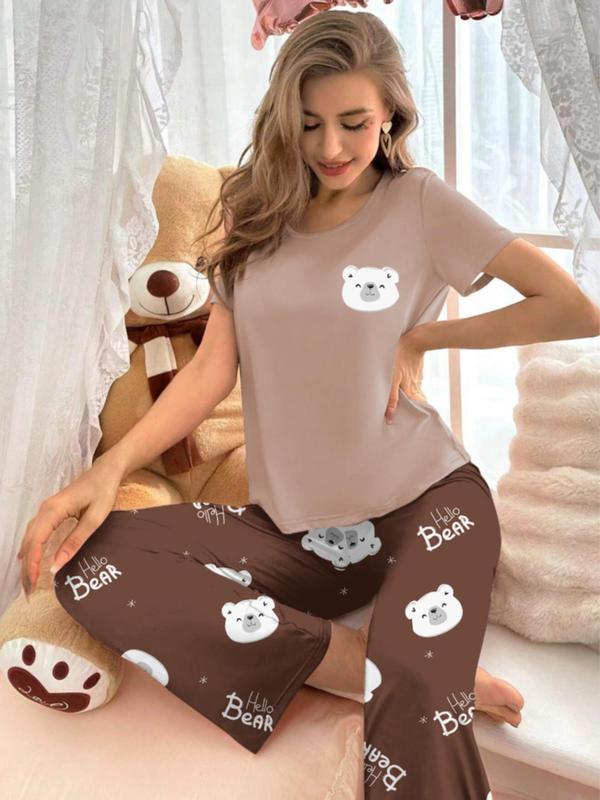 Women's 2pcs Cartoon Bear Print Tee & Elastic Waist Pants Pyjama Set, Casual Comfy Round Neck Short Sleeve T-Shirt & Pocket Trousers PJ Set, Ladies Sleepwear for All Seasons