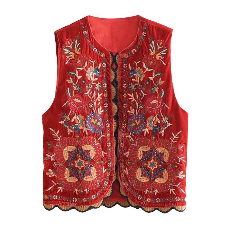 Embroidered Floral Vest for Women Sleeveless Open Front Crop Top Vintage Boho Crochet Vests Cardigan Blouse