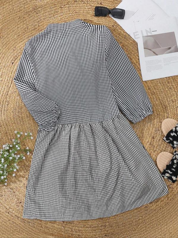 Women's Gingham Print Button Front Ruffle Hem Shirt Dress, Casual Bishop Sleeve Notched Neck Short Dress for Spring & Fall, Women's Clothes for Daily Wear