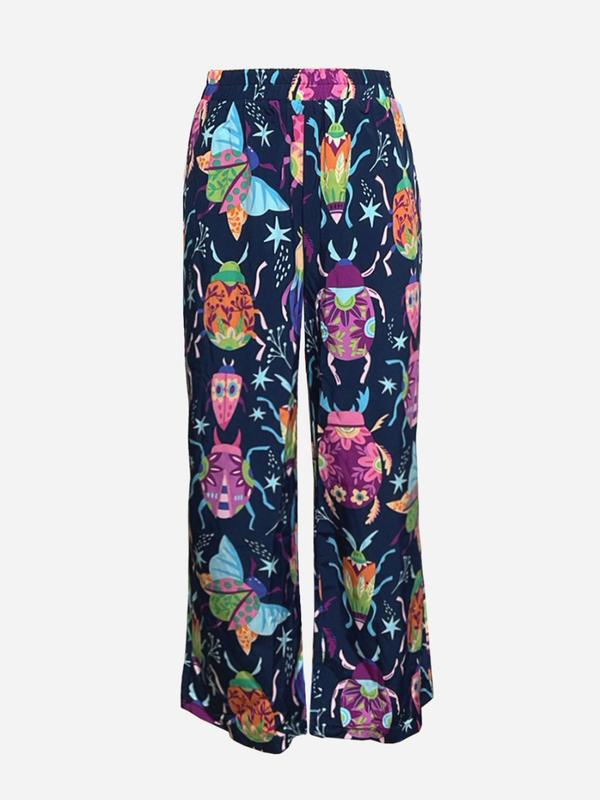  All Over Print Pocket Elastic Waist Wide Leg Pants, Casual Comfy Trousers for Daily Wear, Women's Bottoms for Summer