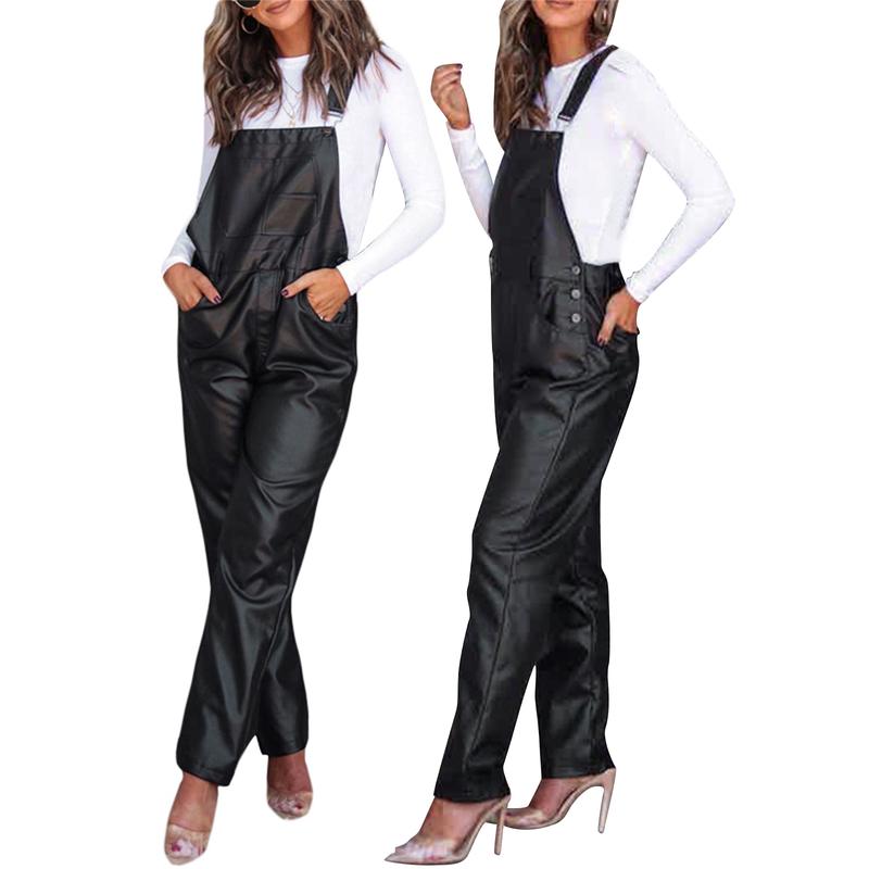 Women Leather Bib Overalls Solid Color Loose Casual Sleeveless Cargo Straight Leg Jumpsuit Romper with Pockets