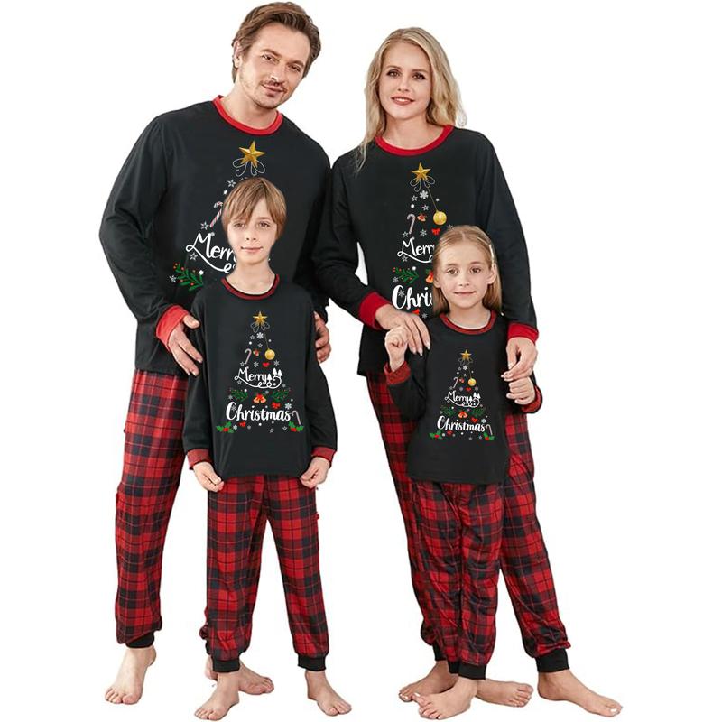 HOT Family Matching Christmas Pajamas, Letter & Snowflake Print Long-Sleeved Tops + Plaid Pants Sleepwear Outfits Xmas Pj's Clothes Homewear Loungewear Nightwear Womenswear Baby