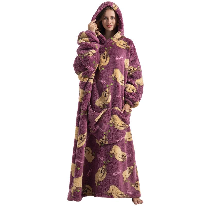 Plus Size Cute Wearable Blanket Nightgown, 1Pcs Women Men Ultra Soft Warm Flannel Oversized Hooded Wearable Blanket With Giant Pockets