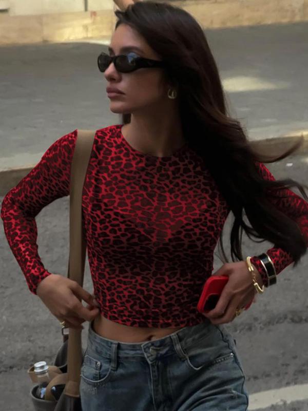 Women's Leopard Print Sheer Crop Tee, Fashion Casual Crew Neck Long Sleeve T-shirt for Daily Outdoor Wear, Women Tops, Vintage Graphic Tees, Fall Outfits, Fallfreshness, Downtown Girl Clothes Longsleeves