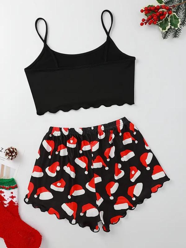 Women's Christmas Hat & Letter Print Pajama Set, Frill Trim Crop Top & Shorts, Relaxed Fit Loungewear for Christmas Nightwear