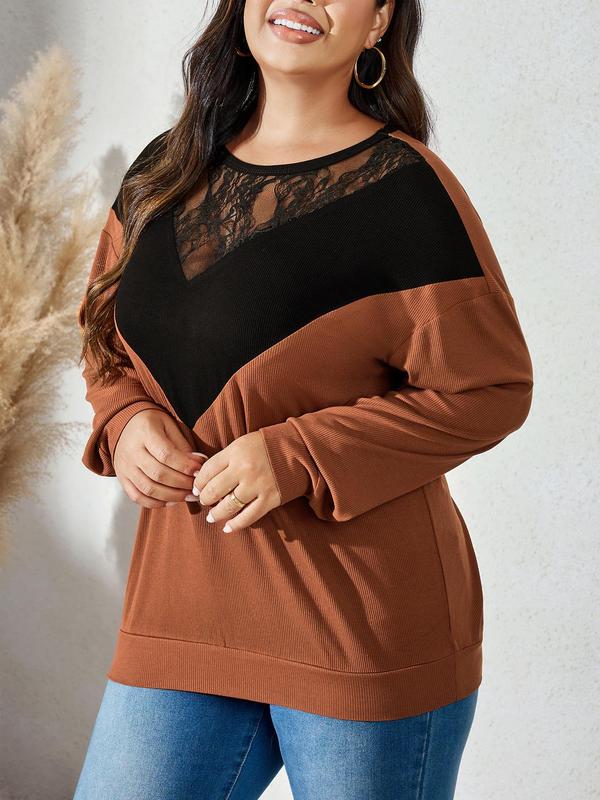 CURVZY Christmas Deals, Plus Size Patchwork Contrast Lace Drop Shoulder Tee, Casual Long Sleeve Round Neck T-shirt for Spring & Fall, Women's Clothing for Daily Wear, Christmas 2024 Trend, Fall & Winter Clothes