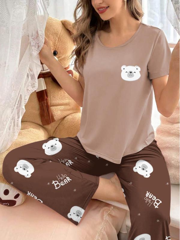 Women's 2pcs Cartoon Bear Print Tee & Elastic Waist Pants Pyjama Set, Casual Comfy Round Neck Short Sleeve T-Shirt & Pocket Trousers PJ Set, Ladies Sleepwear for All Seasons