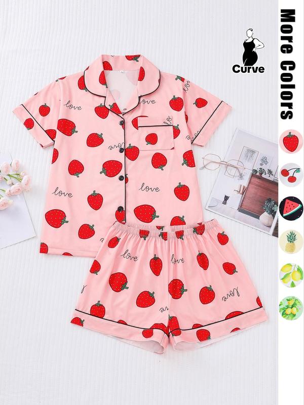  Two-Piece Set Fruits Print Lapel Neck Button Front Pocket Shirt & Shorts Pyjama, Casual Comfy Short Sleeve Top & Elastic Waist Shorts PJ Set, Women's Sleepwear for Summer