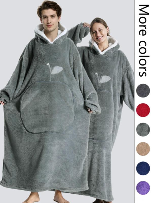 Couple's  Fruit Shaped Pocket  Drop Shoulder Fleece Hooded Robe, Casual Long Sleeve Hooded Blanket, Sleepwear & Loungewear  for Couple