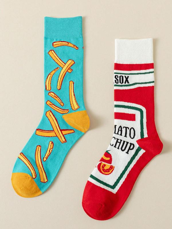 Women's Asymmetrical Colorblock Ketchup French Fries Pattern Ab Crew Socks, 1 Pair Street Graphic Mid-calf Socks for Casual Wear, Fashion Women's Socks for All Seasons