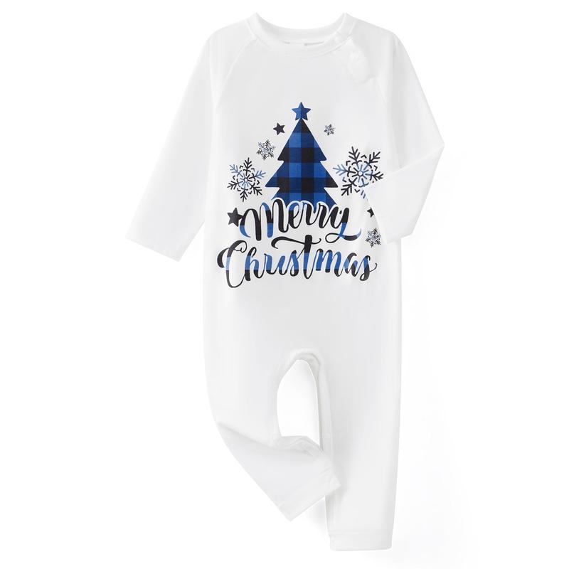 Blue White Matching Christmas Pajamas For Family, Christmas Tree Letter Print Long-Sleeved Tops + Plaid Trousers Sleepwear Outfits