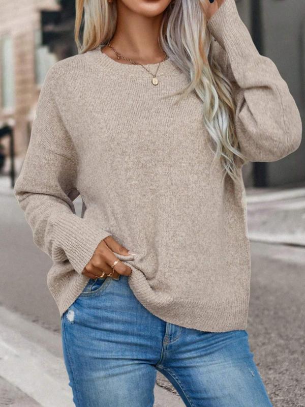 Women's Textured Round Neck Drop Shoulder Sweater without Necklace, Fall Clothes, Casual Long Sleeve Crew Neck Jumper for Spring & Fall, Fashion Women's Knitwear for Daily Wear, Comfort Fall Outfits 2024 Sets, Fall Gift