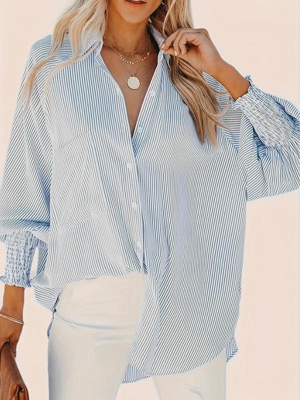 Women's Striped Print Button Front Pocket Shirred Ruffle  Shirt,  Casual Drop Shoulder Long Sleeve Top for Spring & Fall, Women's Clothes for Daily Wear