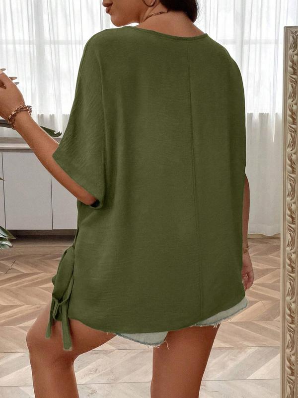 Plus Size Plain Batwing Sleeve Blouse, Casual Knot Front Half Sleeve Top for Summer, Women's Plus Clothing for Daily Wear