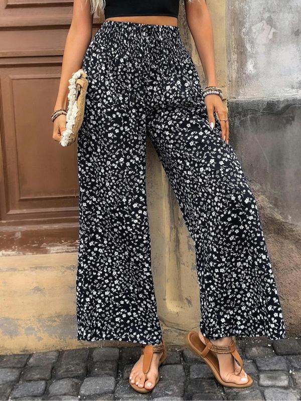  Ditsy Floral Print Tie Front Wide Leg Pants, Boho Shirred High Waist Trousers for Beach Vacation Holiday, Pants for Women, Summer Pants, Women's Bottoms Black Girl Outfits