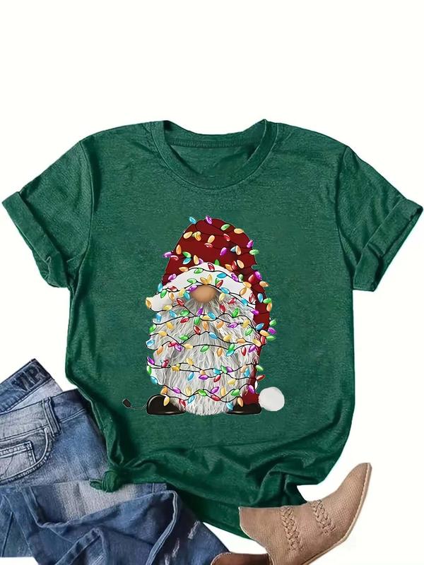  Christmas Print Round Neck Tee, Casual Short Sleeve Crew Neck T-Shirt for All Seasons, Women's Clothing for Daily Wear