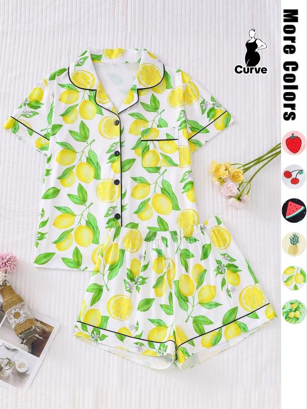  Two-Piece Set Fruits Print Lapel Neck Button Front Pocket Shirt & Shorts Pyjama, Casual Comfy Short Sleeve Top & Elastic Waist Shorts PJ Set, Women's Sleepwear for Summer