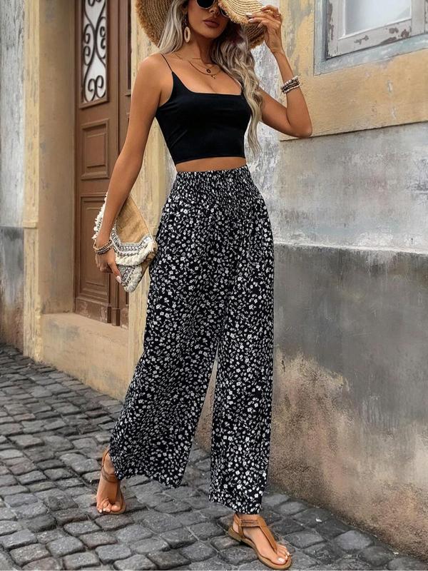  Ditsy Floral Print Tie Front Wide Leg Pants, Boho Shirred High Waist Trousers for Beach Vacation Holiday, Pants for Women, Summer Pants, Women's Bottoms Black Girl Outfits