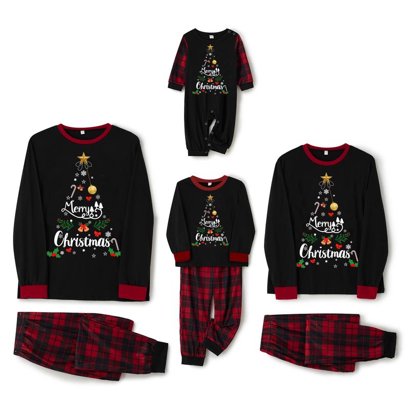 HOT Family Matching Christmas Pajamas, Letter & Snowflake Print Long-Sleeved Tops + Plaid Pants Sleepwear Outfits Xmas Pj's Clothes Homewear Loungewear Nightwear Womenswear Baby