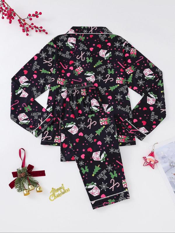 Two-piece Set Women's Christmas Print Lapel Neck Pocket Shirt & Elastic Waist Pants Pyjama, Casual Comfy Long Sleeve Top & Trousers Pj Set, Ladies Sleepwear for Spring & Fall