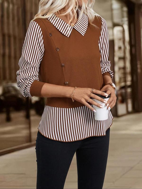 Women's Colorblock Striped Print Button Front Blouse, Casual Long Sleeve Keyhole Neck Top for Fall & Winter, Women's Clothes for Daily Wear