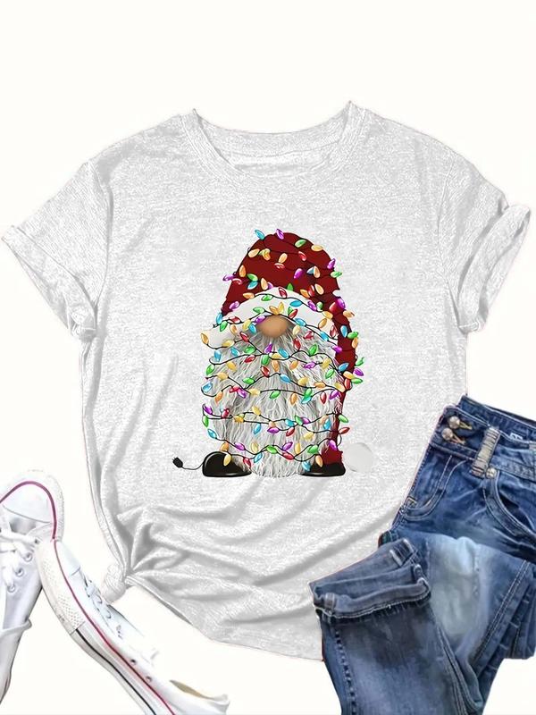  Christmas Print Round Neck Tee, Casual Short Sleeve Crew Neck T-Shirt for All Seasons, Women's Clothing for Daily Wear